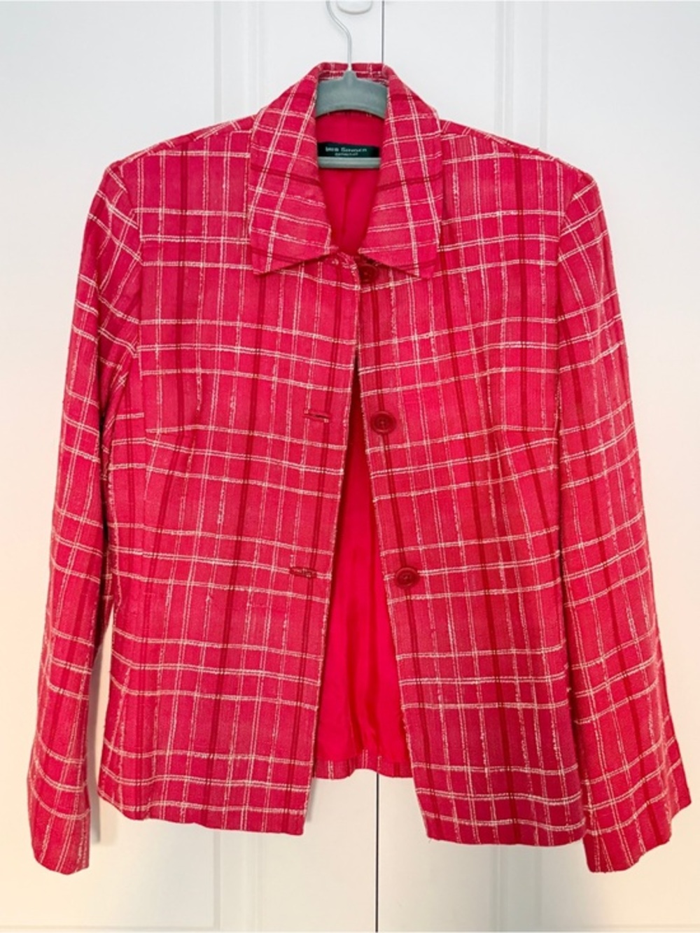 Iris Singer Collection Red Plaid Silk Blend Jacket Blazer Made in USA Jacket